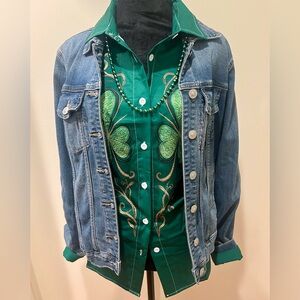 St Patricks Day Shamrock Button Down Shirt Women’s Green Lucky Top Sz L NEW